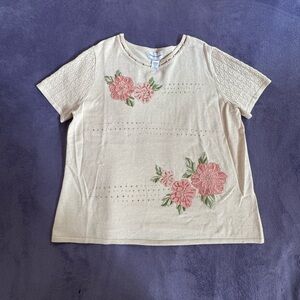 Alfred Dunner Kids Floral Embroidered Tee - Cream